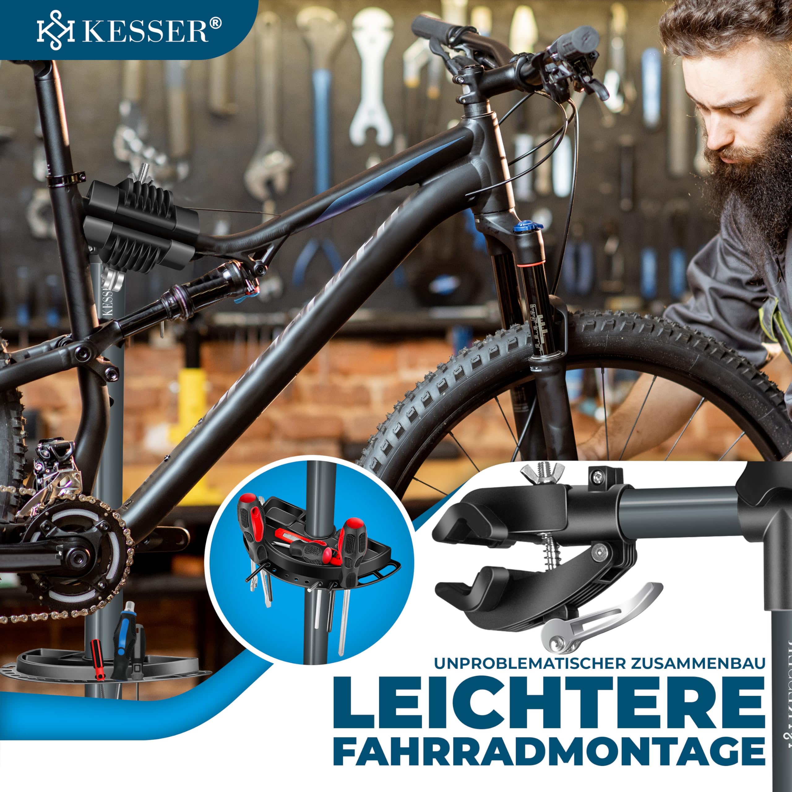 KESSER® Fahrradmontageständer Profi 50kg - 360° drehbar für E-Bike, Mountainbike & Fahrrad, höhenverstellbarer Reparaturständer, mit Werkzeugablage, Tragetasche & Schnellspanner
