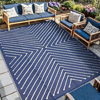 Garvee Outdoor Rug 5x8 Waterproof Patio Rugs Modern Line Mat，Navy/White