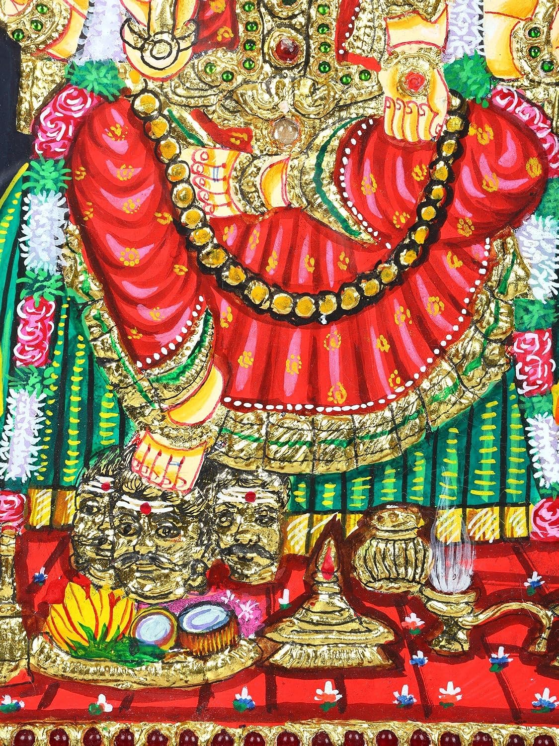Exotic India Goddess Mariamman Seated on Kritimukha Throne Framed Tanjore Painting with 24K Gold Work South Indian Wall Decor
