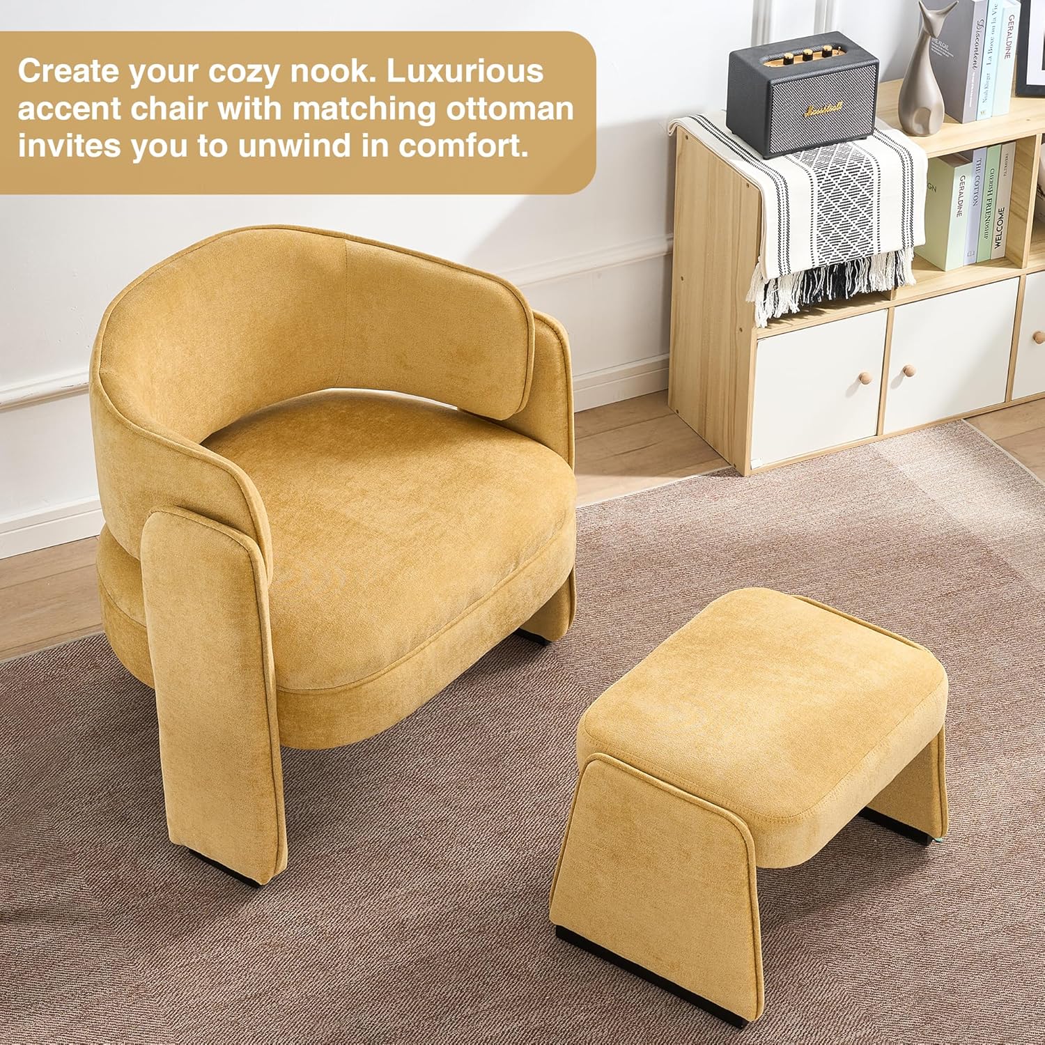 LOULENS Oversized Fabric Accent Chair with Ottoman, Modern Upholstered Barrel Chair with Foot Rest, Comfy Round Side Armchair for Living Room, Bedroom, Reading, Corner, Yellow