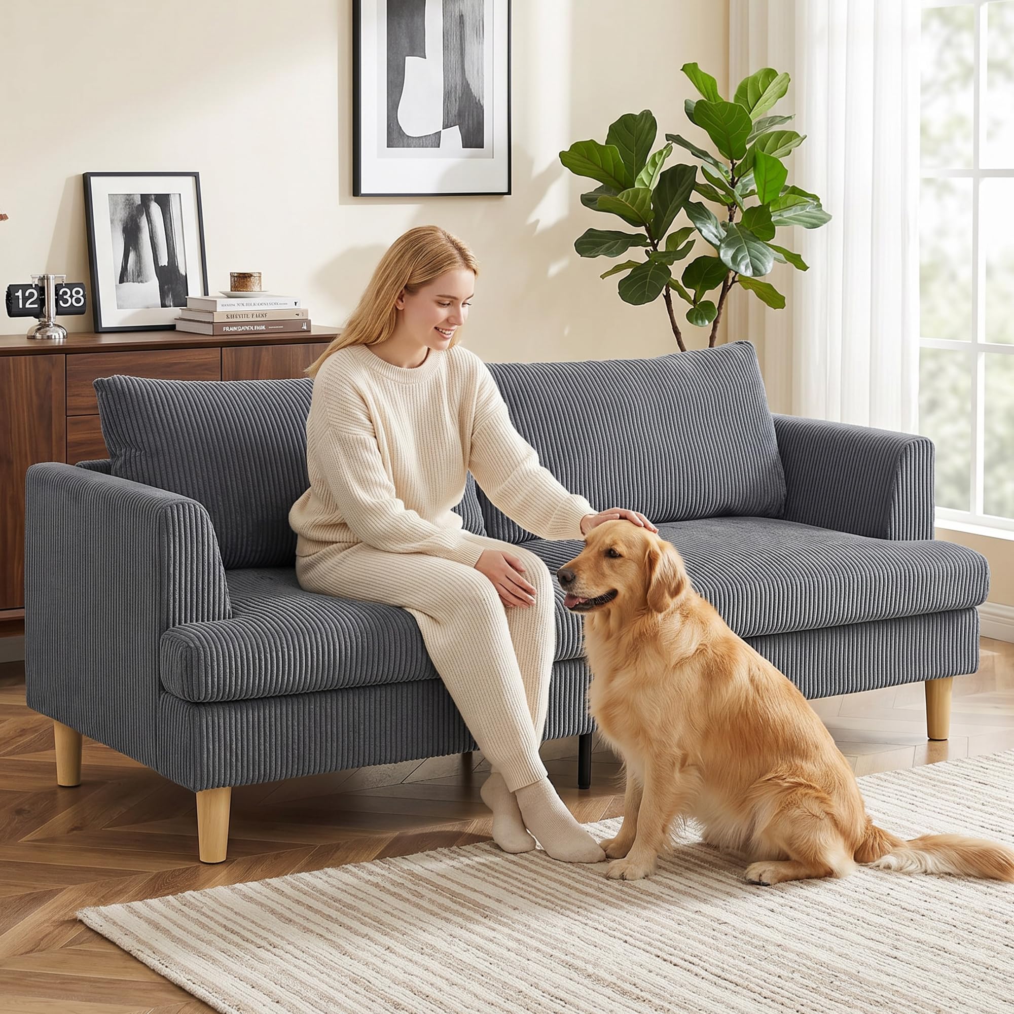 HOMCOM Sofá de 3 Plazas, Sofá de Salón Moderno, 188x80x86 cm, Tapizado en Pana, Acolchado Grueso de Muelles, Asiento Ancho, Reposabrazos, Fácil Montaje, 2 Almohadas, Gris Oscuro