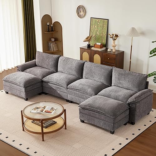 143.4 Inch Big Comfy Couch with Ottoman, 6 Seat U Shaped Couches, Cloud Modular Sectional Sofa, Modern Cloud Couch Sectionals, Sectional Couches for Living Room, Oversize Deep Seat Sofa, Grey