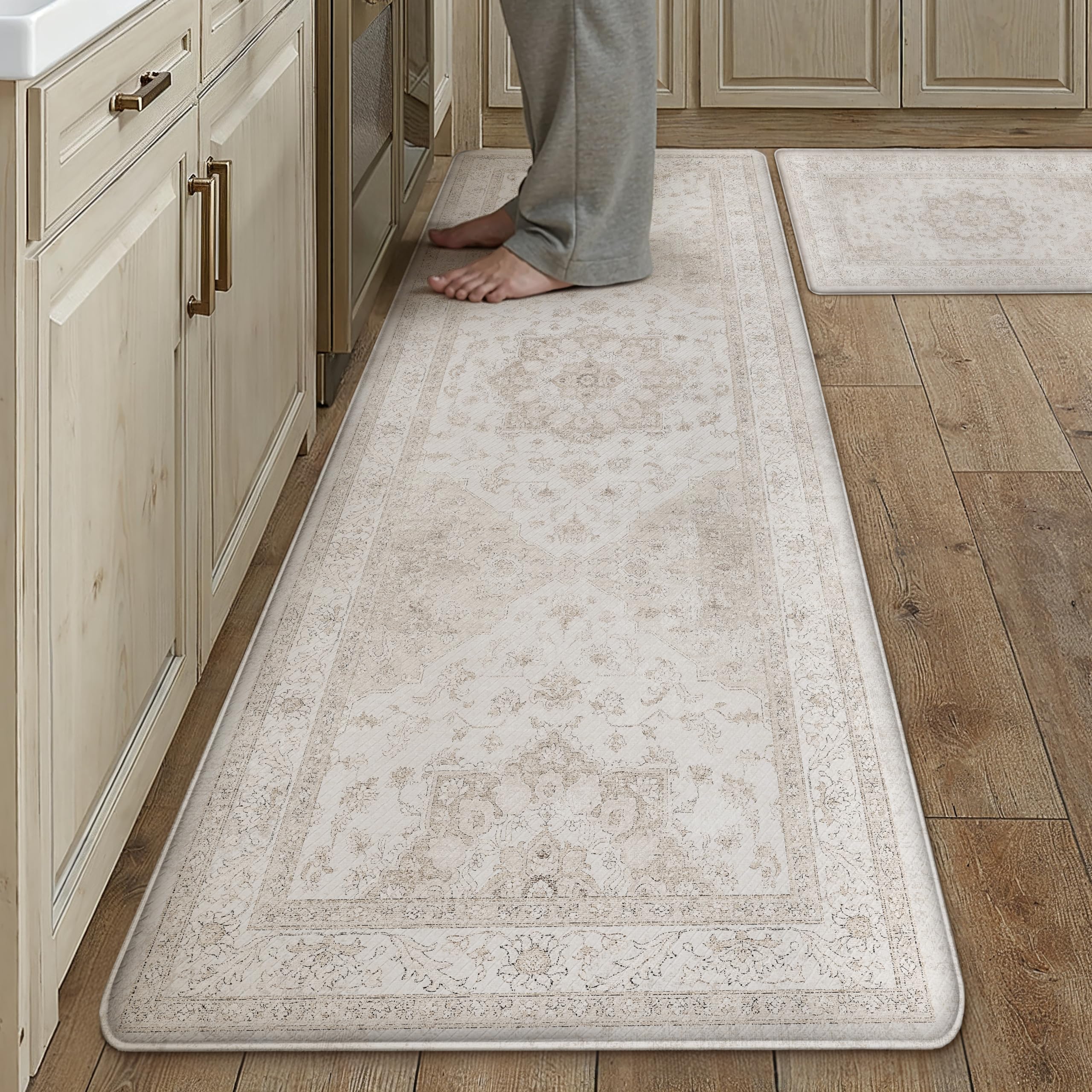 Kitchen Mats 2PCS Anti Fatigue Cushioned Mat Beige Vintage Kitchen Mats for Floor Waterproof Non Slip Comfort Standing Oriental Medallion Rug for Sink Laundry Office 17.3"x47"+17.3"x30" — view 10