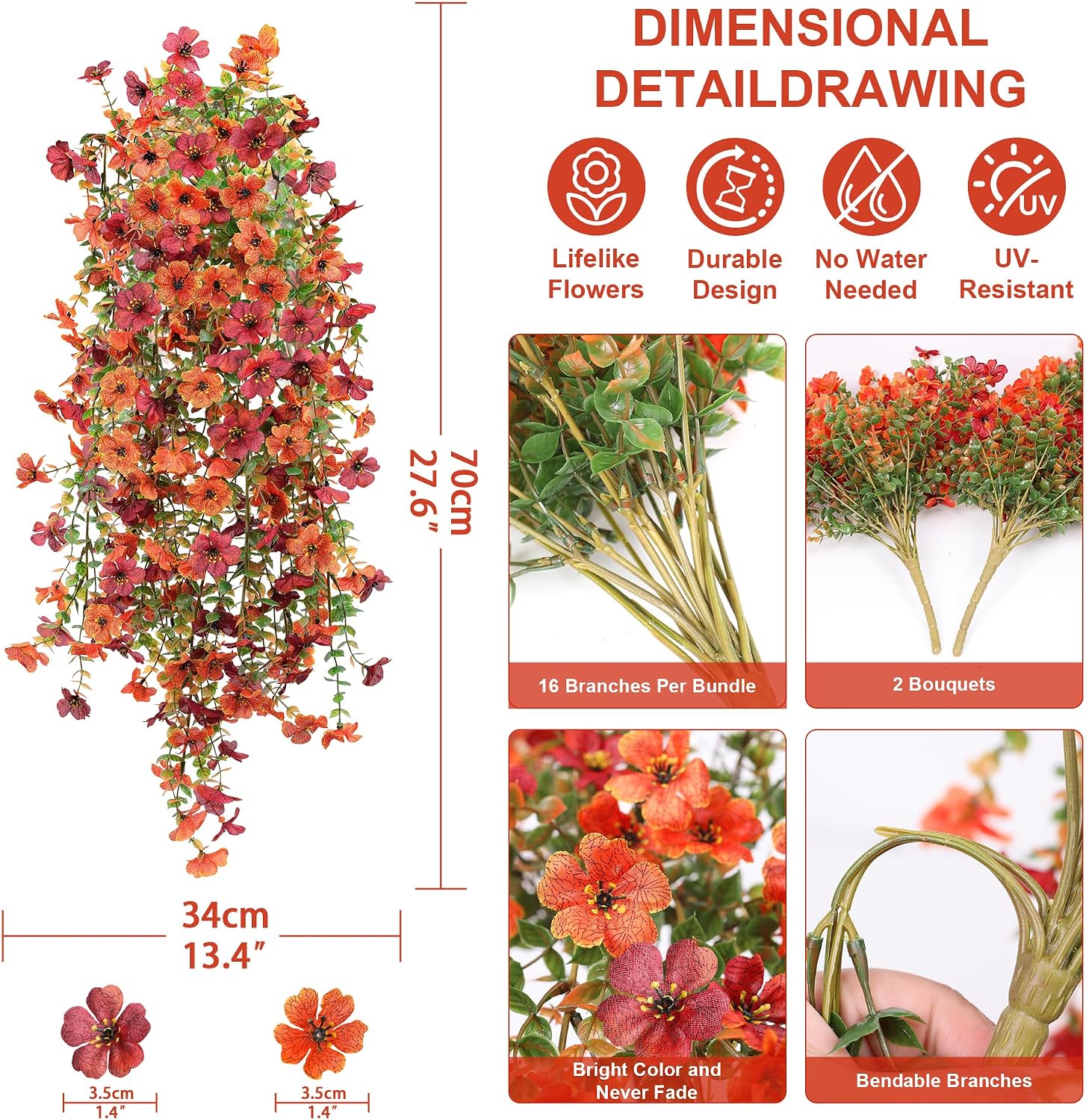 Artificial Fall Fake Flowers for Outdoor, 2 Pcs Faux Hanging Flowers Outdoor Fall Decor, UV Resistant No Fade Fake Mums Silk Flower for Front Door Porch Planters Patio Yard Garden(Orange Autumn Red)