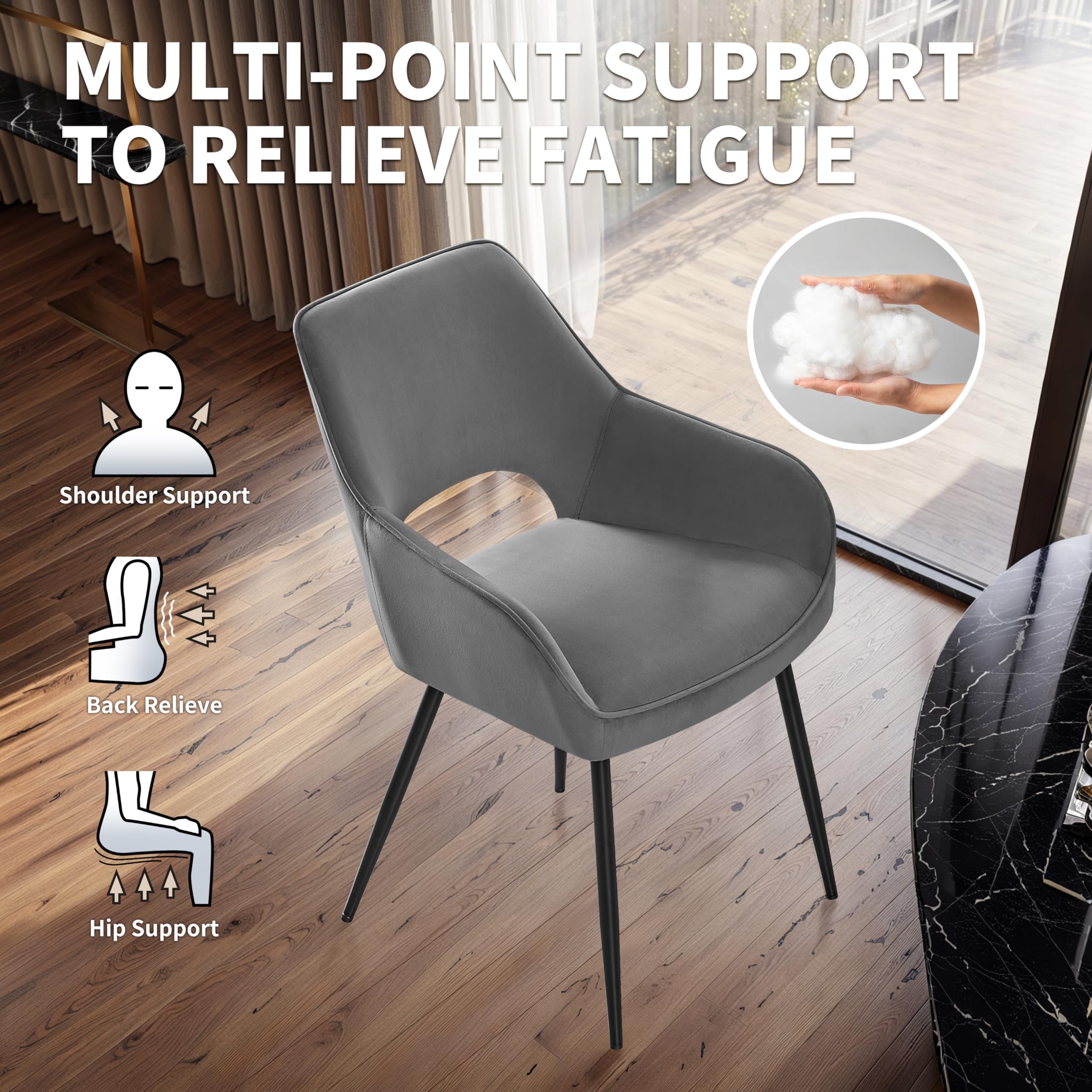 STOOLINK Sillas Comedor Juego de 4, Silla de Comedor de Terciopelo, Silla de Cocina de Diseño Moderno con Reposabrazos, Silla de Tapizadas con Respaldo Recortado para Cocina, Salón - Gris