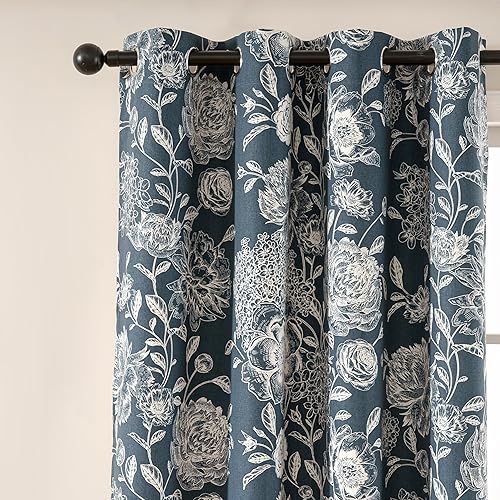 Cortina para Sala - Cortinas opacas de peonía azul, cortinas florales extralargas, cortinas opacas vintage para cine en casa, cortinas estampadas de