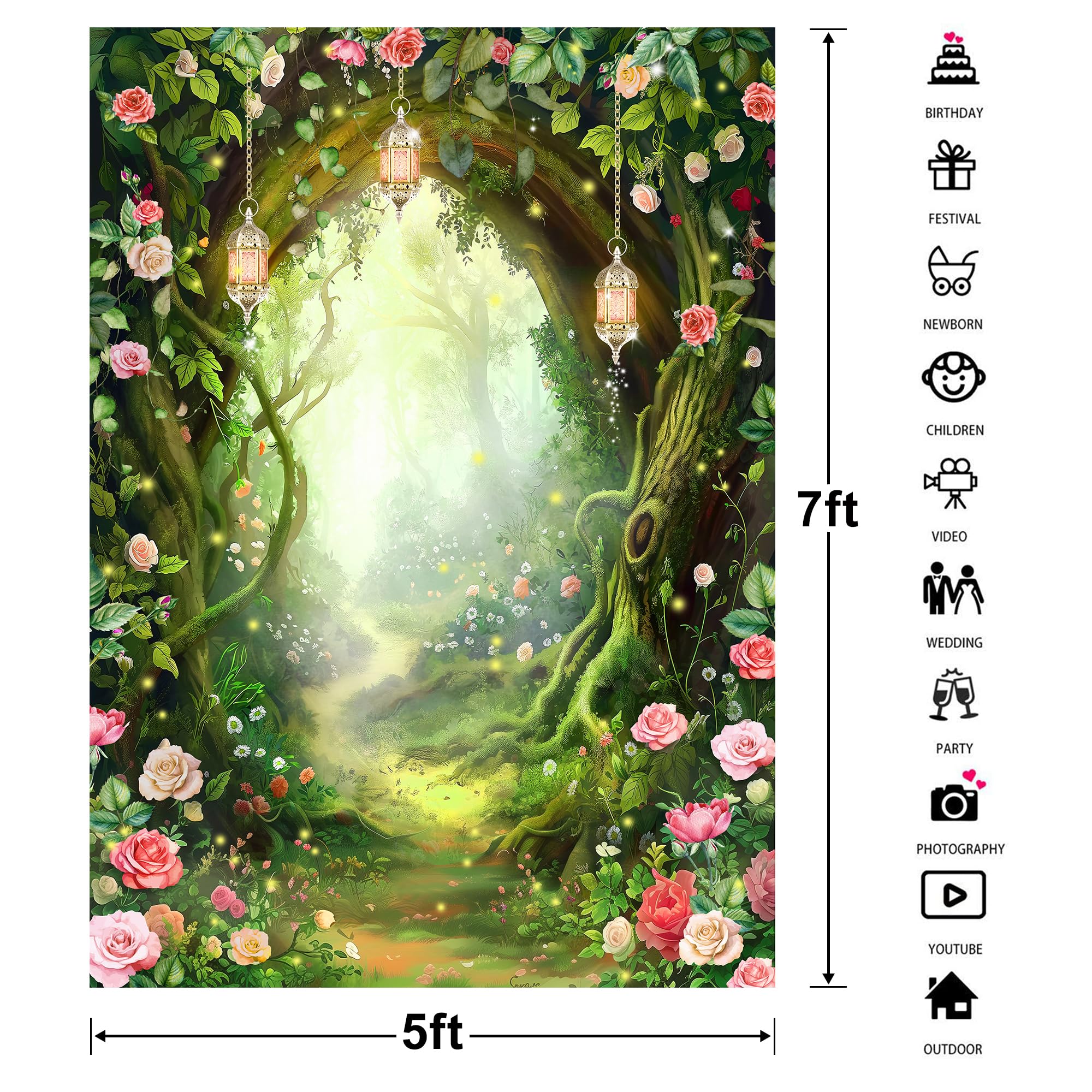 Riyidecor Fairy Backdrop Polyester Fabric Green Enchanted Garden Wonderland Butterfly Flower Magic Stained Glass 5Wx7H Feet Photography Background Birthday Baby Shower Photo Studio Shoot: 5Wx7H F-Green Flower