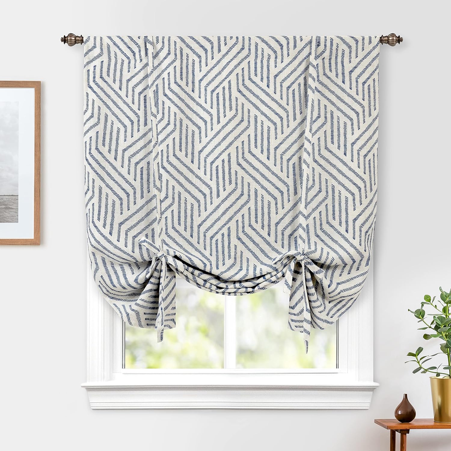 DriftAway Farmhouse Linen Lined Valance Double Layer Thermal Insulated Room Darkening Blackout Valances 3.5 Inch Rod Pocket Striped Tie Up Valance Single 45 Inch by 63 Inch Briony Navy