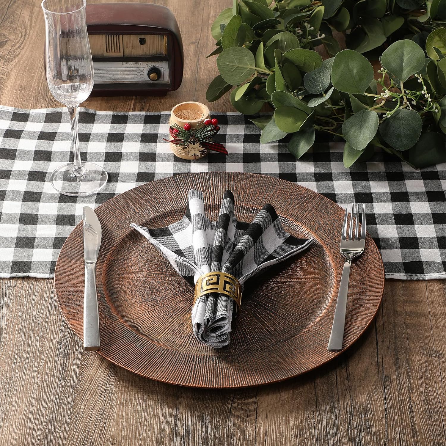 Newwiee 48 Pcs Checkered Cloth Napkin and 6 Pcs Plaid Table Runner Set, Christmas Buffalo Black and White Gingham Fabric Dinner Table Setting for Racing Car Flag Party Birthday Baby Shower Supplies