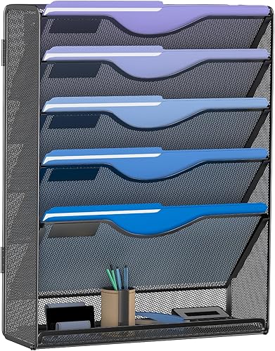Organizador de archivos colgante de 6 niveles, soporte de malla para archivos de pared, estante para carpetas de papel con bandeja plana inferior