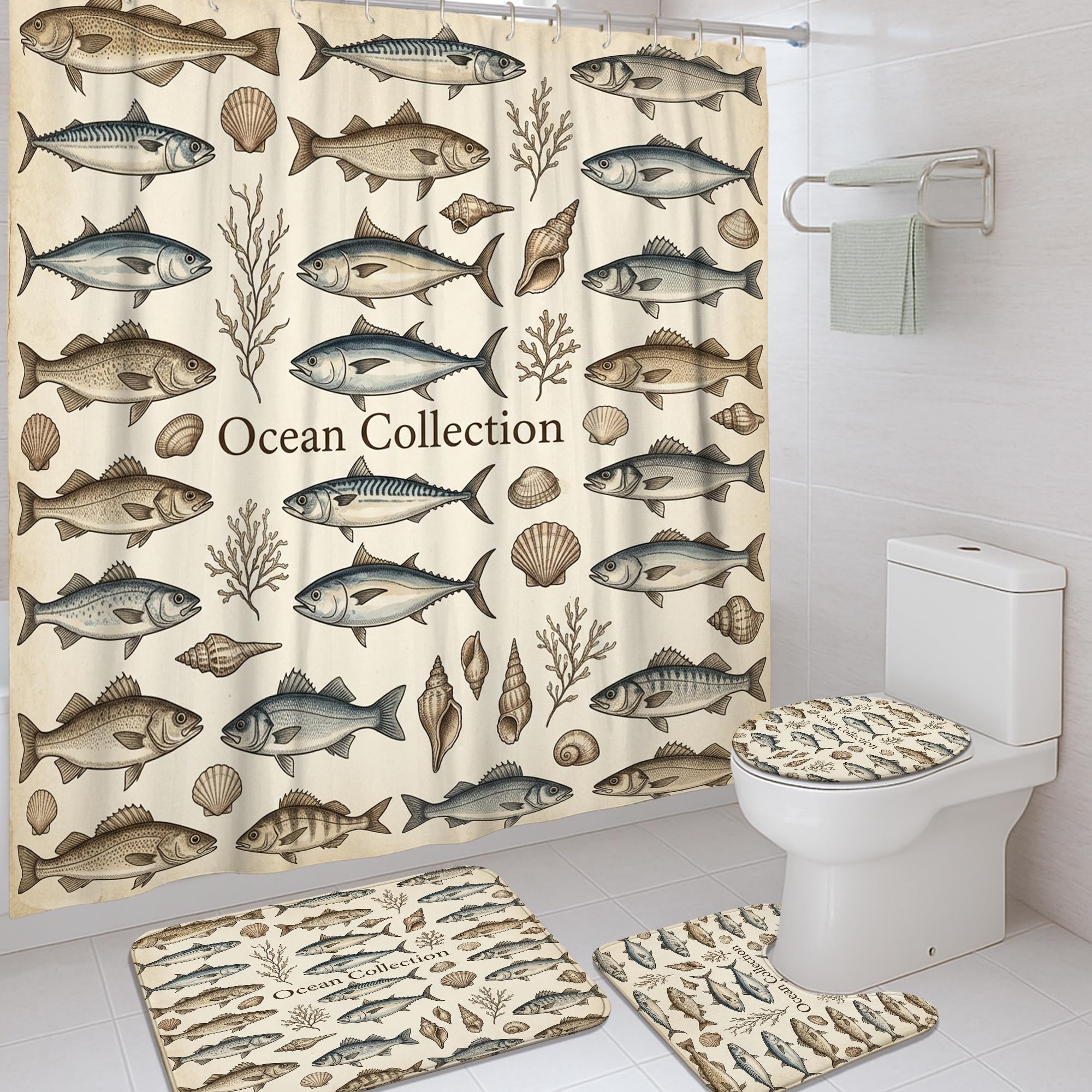 Rideau de douche imperméable motif poissons avec tapis antidérapant beige