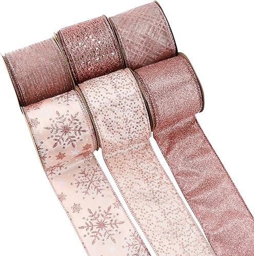 Miniatura 2 de Cinta de Navidad de oro rosa con cable de 2.5 pulgadas, cinta con alambre de oro rosa para árbol de Navidad, cinta rosa con alambre para coronas,