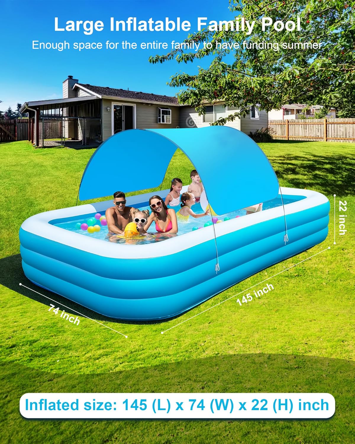 Large Inflatable Pool with Canopy, 145'' x 74'' x 22'' Inflatable Swimming Pool for Adults, Oversized 0.6MM Thickened Family Blow Up Pool for Backyard, Garden and Outdoor Fun