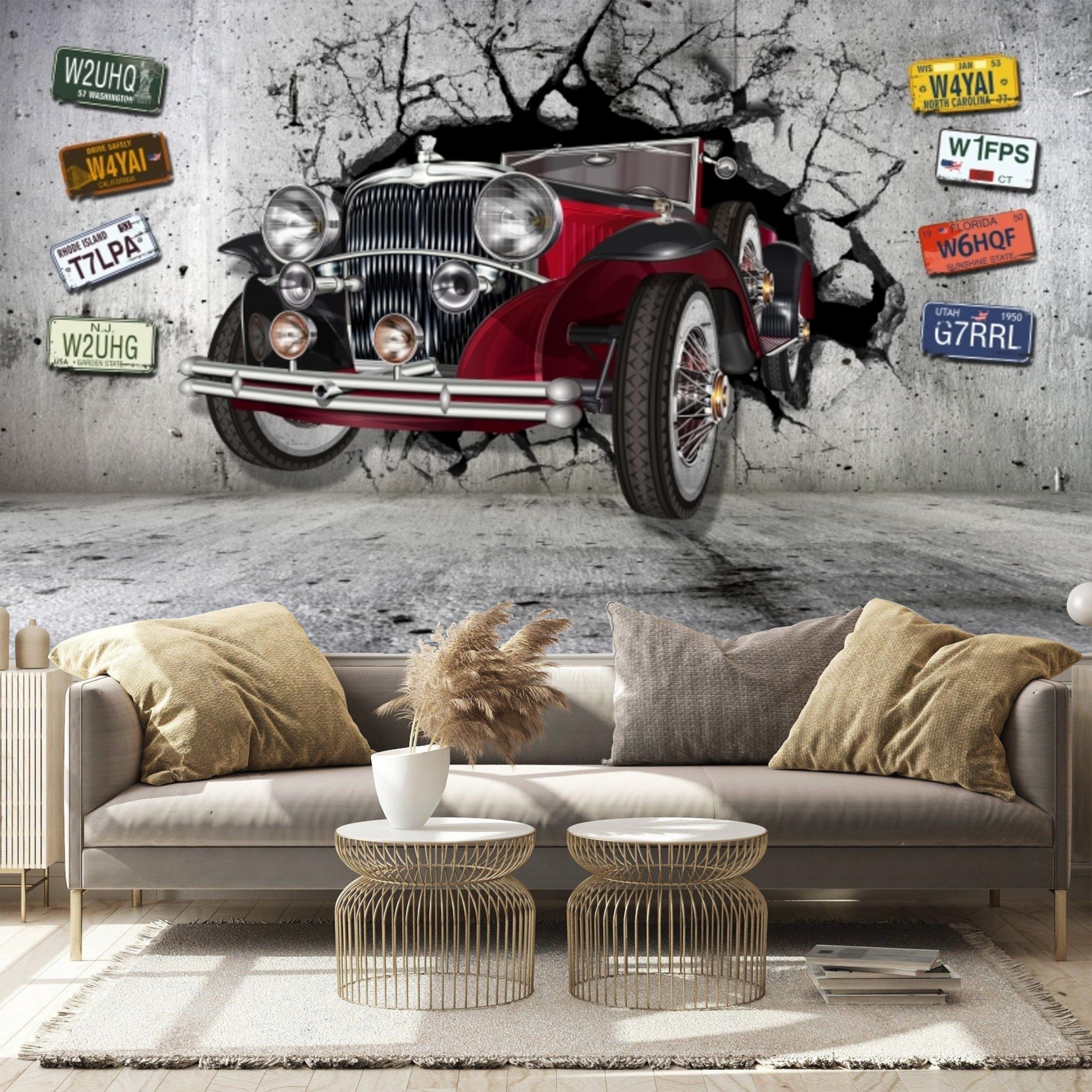 Classic Car Plates Cracked Wall - Custom Size Wall Murals Self-Adhesive Removable Large Photo Wallpaper for Living Room, Bedroom, Bathroom, Office, Dining Room, Children's Room
