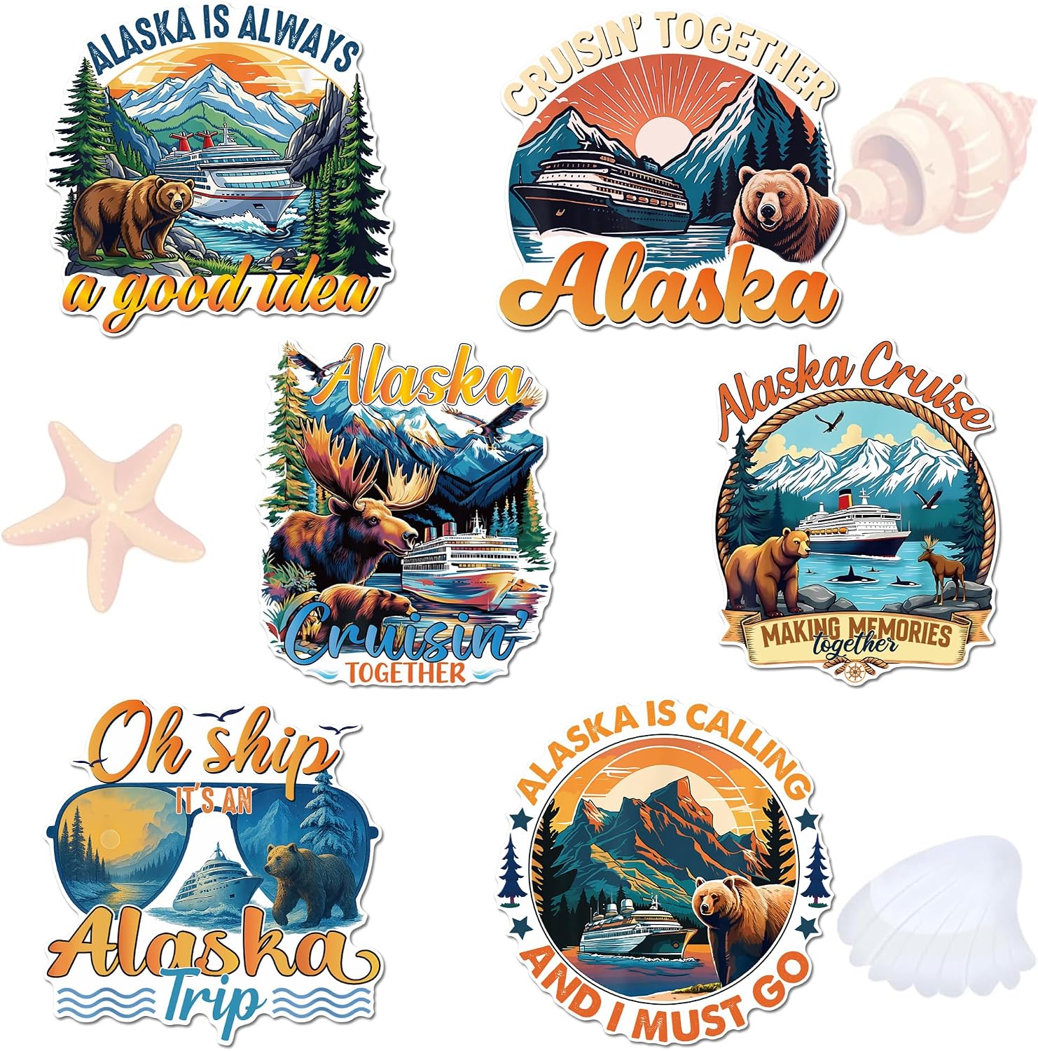 6 Pcs Retro Alaska Cruise Door Magnets, Bear & Mountain Designs