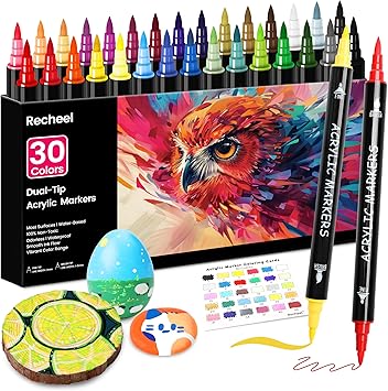Recheel 30 Colors Acrylic Paint Markers, Dual Tip Fine and