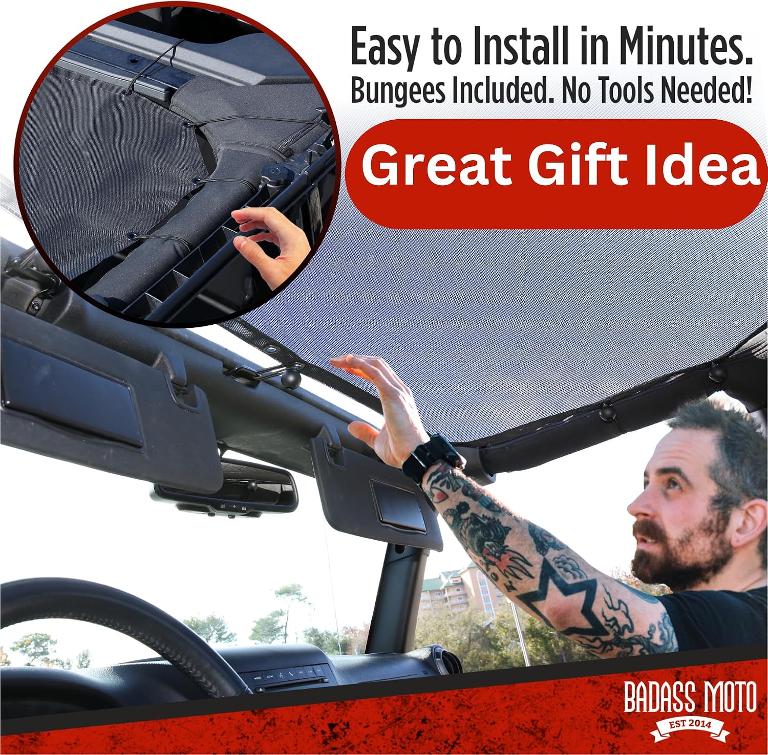 Badass Moto for Jeep Sunshade for Jeep Wrangler Top Mesh. Keeps You Cool. Reduces UV + Wind & Noise. Easy No Tool Install Sun Shade Top for Jeep Lover Gifts Accessories (2007-2018 JK & JKU (Front))
