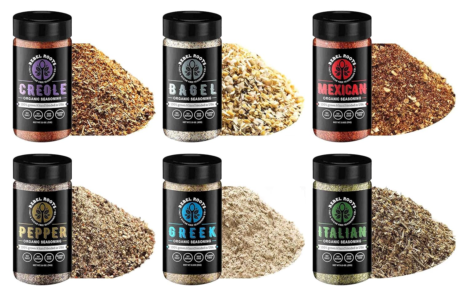 Organic Salt Free Seasoning, No Salt Seasoning, Non-GMO, Sugar Free Seasoning, Meal Prep Seasoning, All Natural, 100% Made in USA (Assortment, 6 Pack)