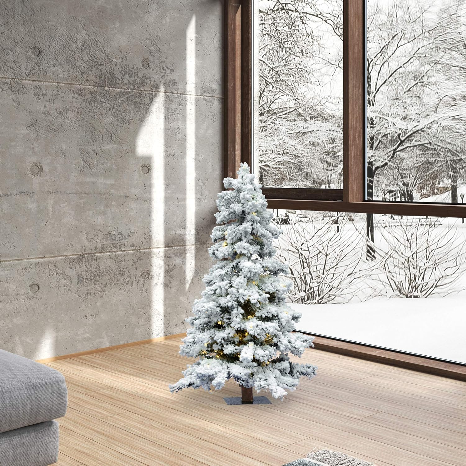 Vickerman 4' Flocked Spruce Artificial Christmas Tree, Warm White Dura-Lit Lights - Snow Covered Faux Tree - Seasonal Indoor Home Decor