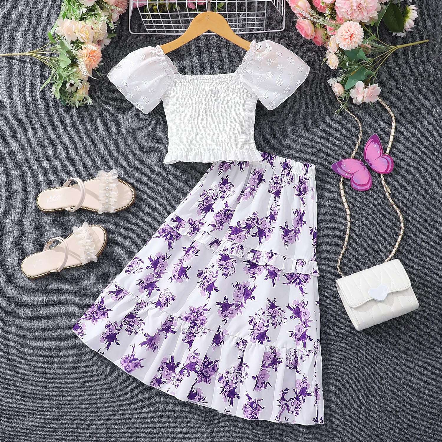 Little Girls Two Pieces Shirred Puff Sleeve Ruffle Hem Tops and High Elastic Waist Ruffle Floral Skirt Sets
