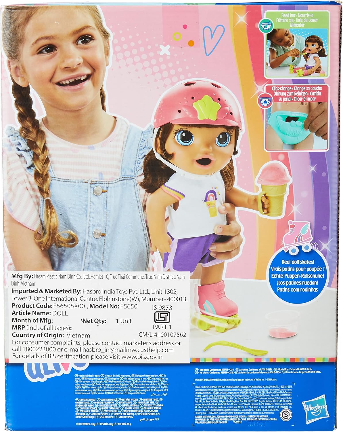 Baby Alive: Roller Skate Baby 14-Inch Doll Brown Hair, Blue Eyes Kids Toy for Boys and Girls