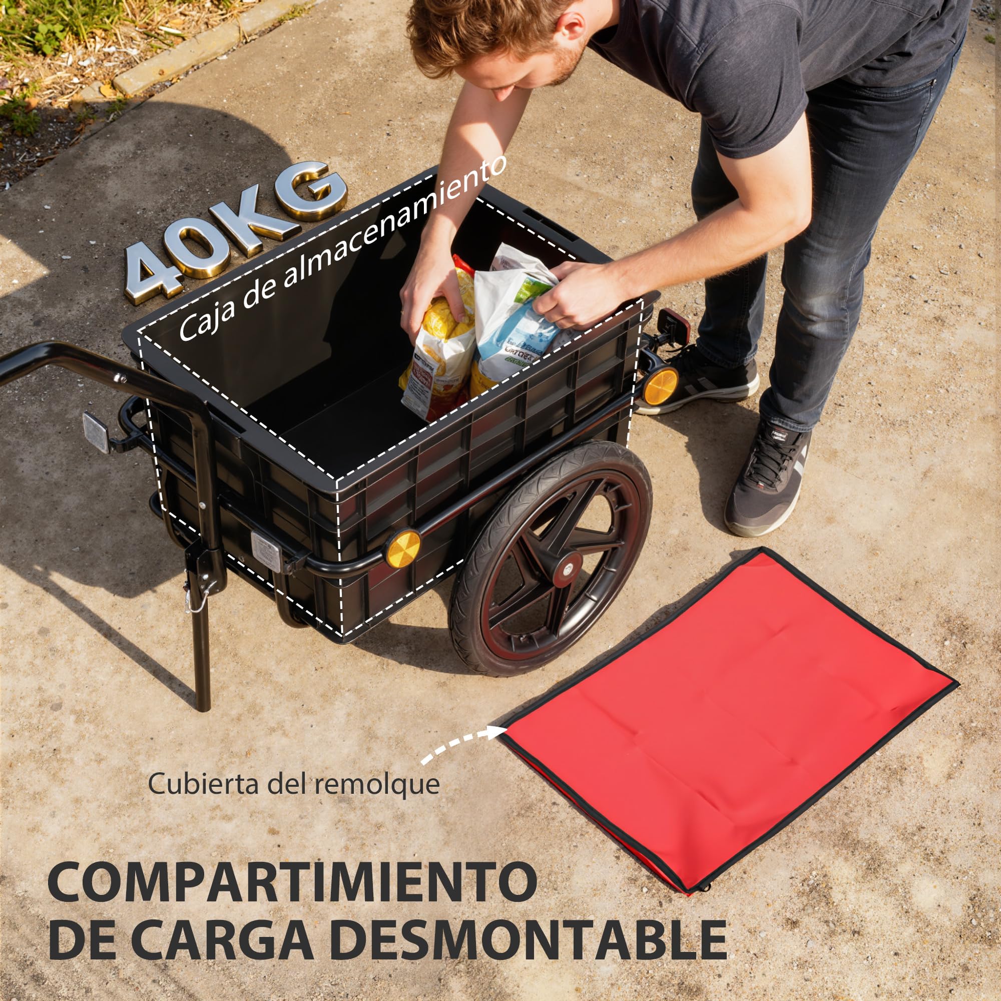 HOMCOM Remolque de Bicicleta para Carga 40 kg, Carro de Mano con Cubierta de Tela Oxford Impermeable, Reflectores, Marco de Acero y Asas para Transporte de Equipaje, 144x59x80 cm