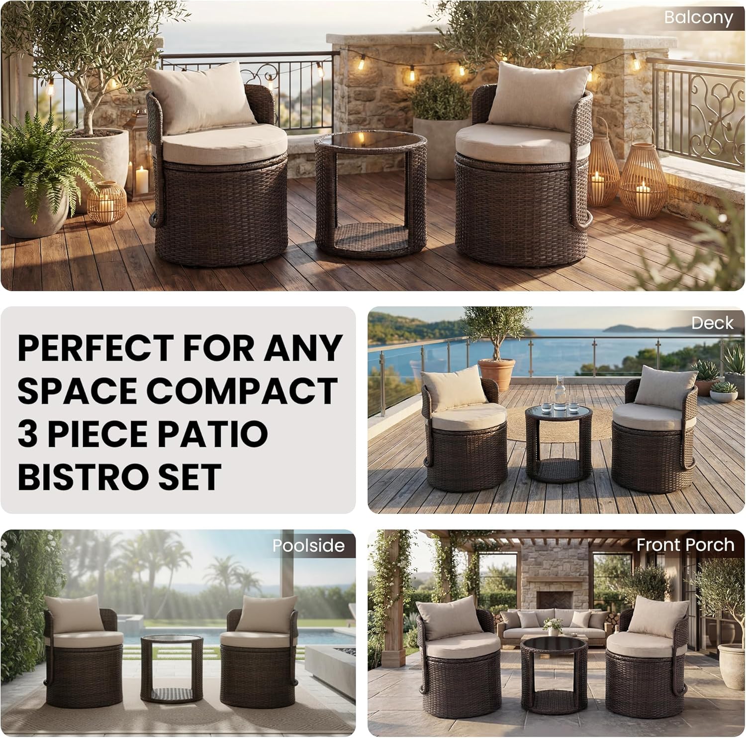 3 Piece Outdoor Patio Bistro Set with Storage, Wicker Conversation Chair Set with Glass Table, Modern Balcony Furniture for Garden, Porch, Backyard, Brown