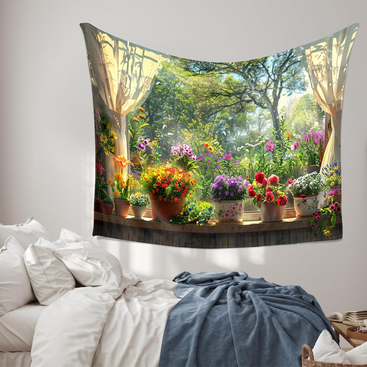 Spring Flower Window Tapestry Wall Hanging Sunlit Garden Nature Fabric Wall Decor for Bedroom Living Room Cozy Seasonal Home 40x60inch