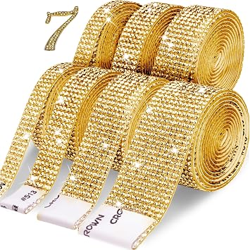 Rhinestone Ribbon 7 Rolls 7 Yards Self Adhesive Diamond Bling Rhinestones Strips, Crystal Rhinestone Tape Diamond Ribbons Wrap Glittering Stickers for Crafts Arts Car DIY Decoration, Gold, 4 Size