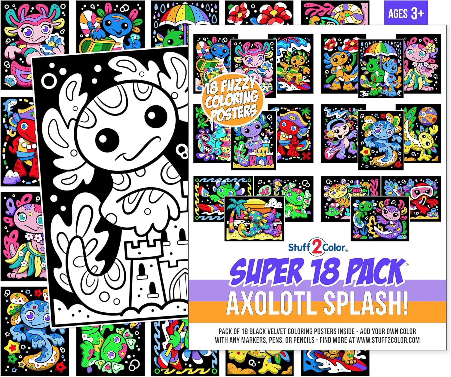 Stuff2Color Axolotl Splash! Fuzzy Velvet Coloring Posters – Super Pack of 18 Cute Axolotl & Ocean Animal Coloring Pages for Kids | Arts & Crafts Activity for Boys, Girls & Family Fun