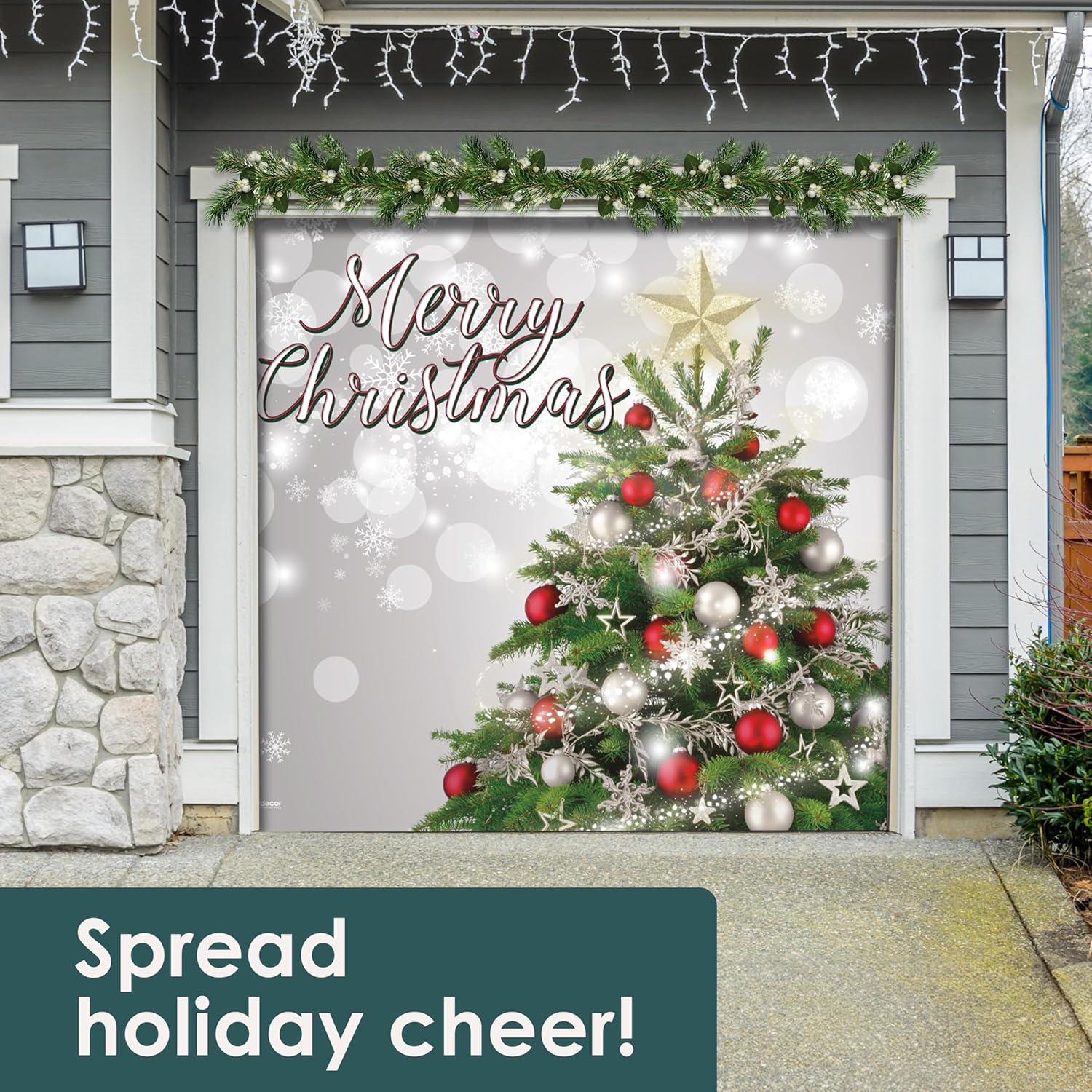 7' x 8' Joyful Merry Christmas Tree Garage Door Banner - Designed to Move with Door | Festive Holiday Cheer Single Garage Door Decoration