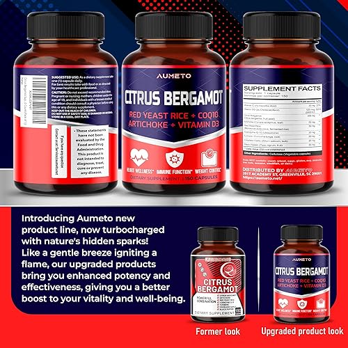 Miniatura 6 de Suplemento de bergamota cítrica con arroz de levadura roja, CoQ10, alcachofa, vitamina D3 - Apoya el bienestar general de la circulación y el