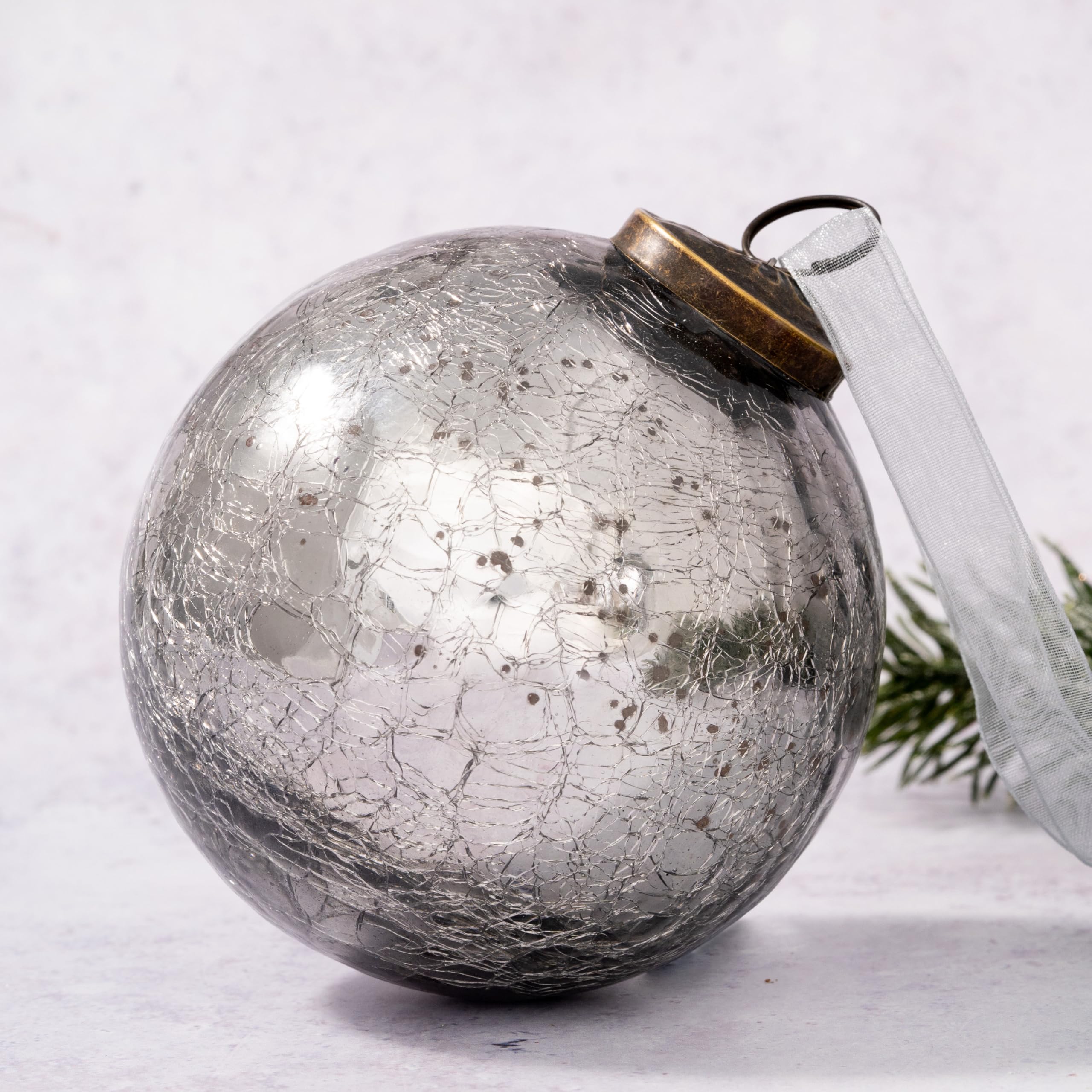 Arthur Cameron Silver Crackle Glass Christmas Tree Bauble Hanging Ball Decoration (4", )