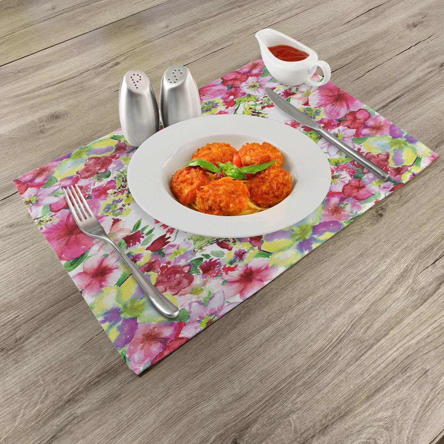 Ambesonne Watercolor Flower Place Mats Set of 4, Fresh Curly Willow and Dahlia Floral Summer Buds Hand Drawn Print, Washable Fabric Placemats for Dining Table, Standard Size, Green and Pink