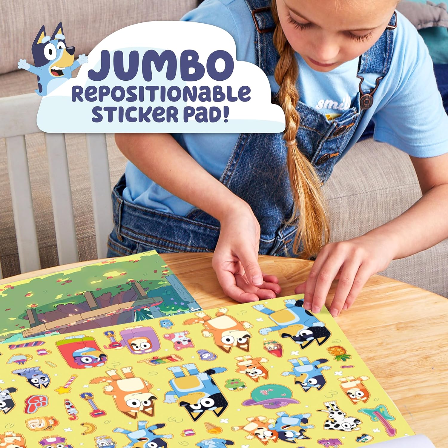 Bluey Repositionable Sticker Pad, Over 165 Removable Stickers & 5 Play Scenes, Jumbo Sticker Pad, Bluey Toys for Kids Ages 3 & Up