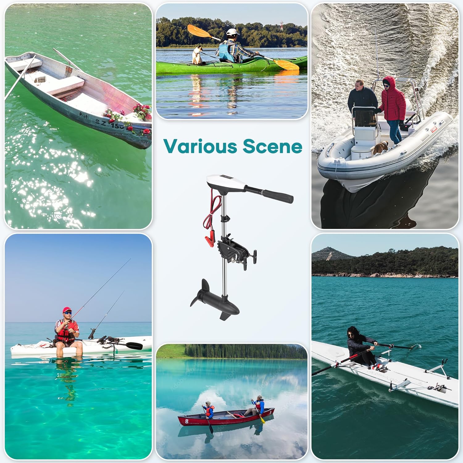 55lb Thrust Trolling Motor 8 Speed Electric Outboard Motor Kayak Motor with Adjustment 6-inch Extendable Handle, 30'' Shaft Length, LED Indicator, Transom Mounted for Kayak, Fishing Boat (White)