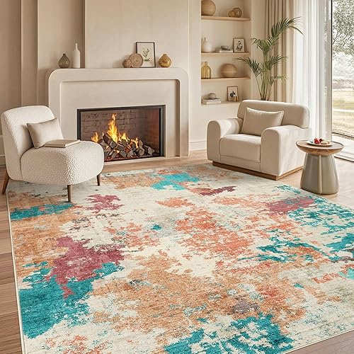 DMOYESTLiving Room Area Rugs - 5x7 Washable Abstract Large Soft Indoor Rug Neutral Modern Low Pile Carpet for Bedroom Dining Room Farmhouse Home Office - Colorful