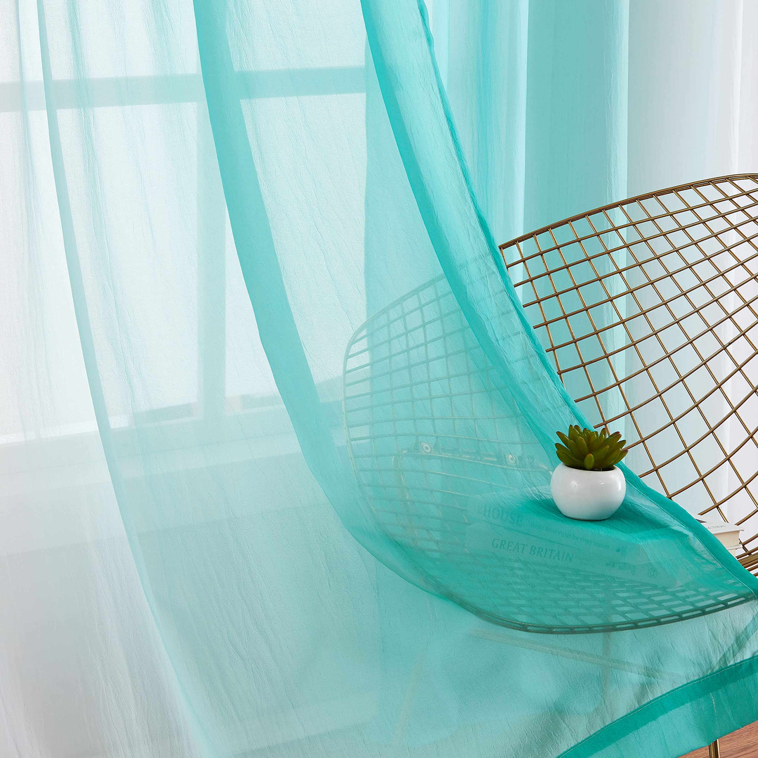Ombre Chiffon Sheer Curtains Teal Crinkle Semi Voile Curtain Panels for Bedroom Living Room Decor, Gradient Light Filtering Window Treatments for
