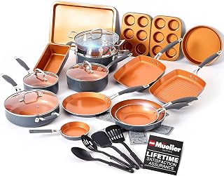 Mueller UltraClad Copper Pots and Pans Set, 24-Piece Kitchen Cookware and Bakeware Set, Non-Stick Coating, Aluminum Body, Includes Fry Pans, Dutch Oven, Pancake and Grill Pan, Bakeware Set and More
