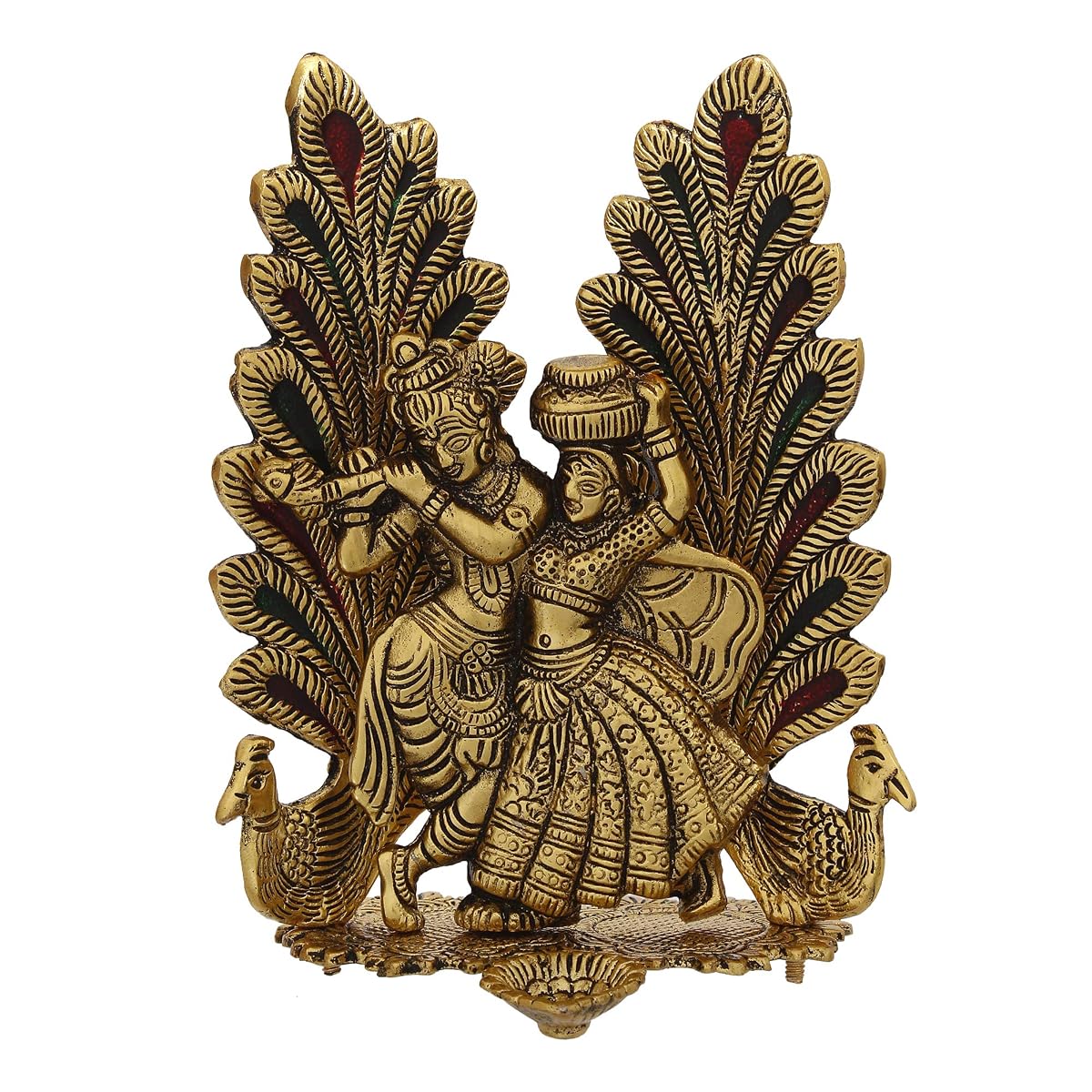 eCraftIndia Decorative Golden Metal Radha Krishna Idol with Diya Decorative