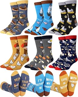 6 Pairs Novelty Chicken Socks for Men Fun Farmhouse Rooster Hen Cotton Crew Socks for Chicken Lover Humorous Gift