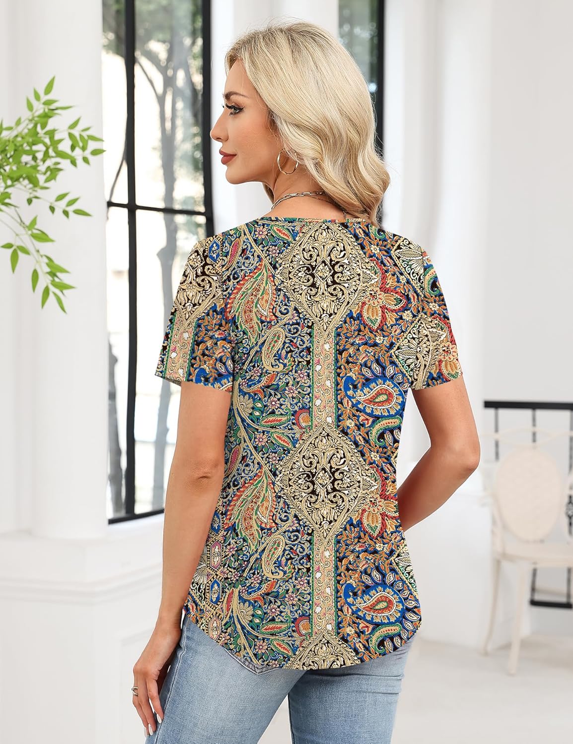 Rapbin Short Sleeve Shirts for Women Pleated Crewneck Cute Blouses Dressy Casual Elegant Tops Loose peasant Summer T-Shirts - Image 4