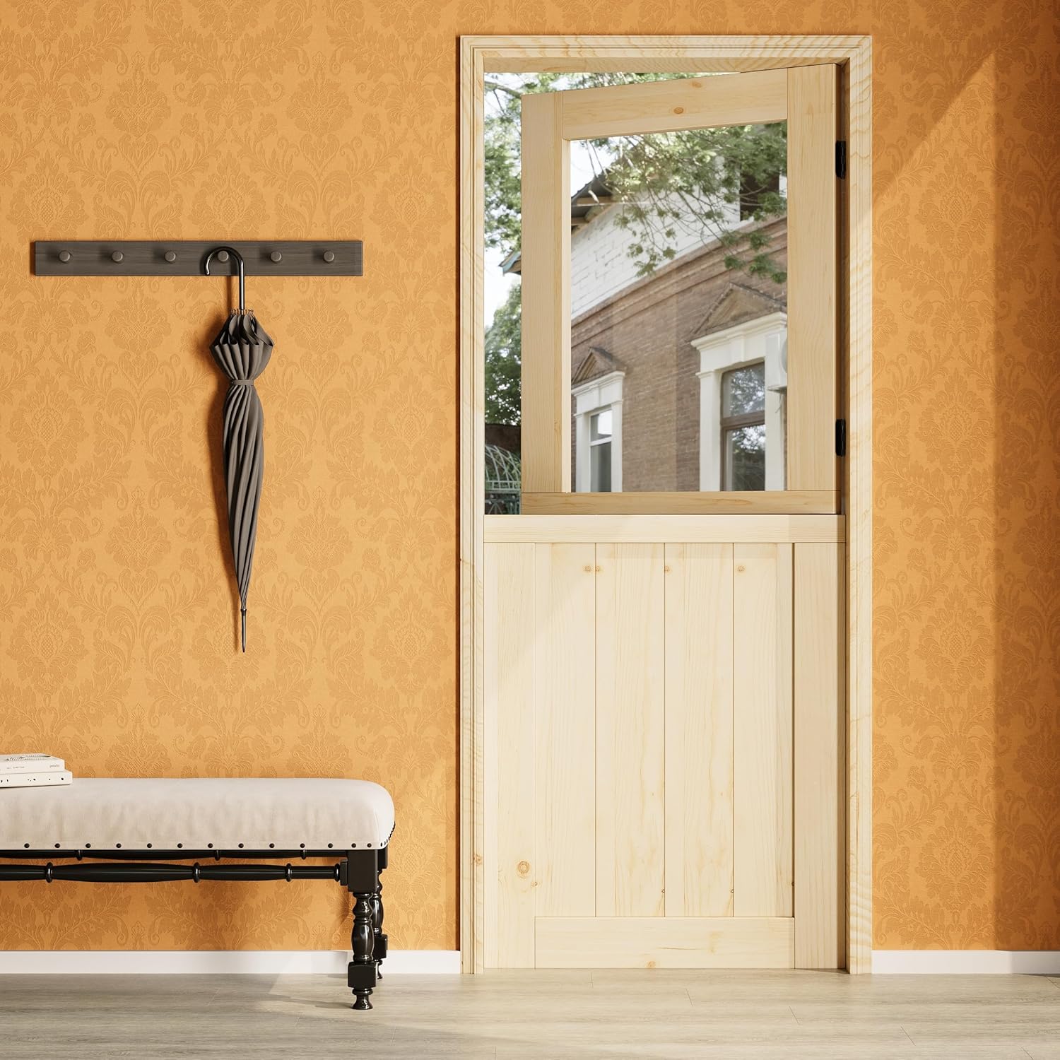 32" x 80" Dutch Door Slab，1.75-inch Solid Pine Wood Front Entry Interior Design，1 Lite Tempered Clear Glass Split Single Door，Exterior Use for Proch,Backyard Entries & Back​