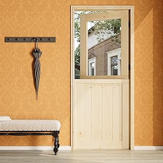 32" x 80" Dutch Door Slab，1.75-inch Solid Pine Wood Front Entry Interior Design，1 Lite Tempered Clear Glass Split Single Door，Exterior Use for Proch,Backyard Entries & Back​