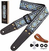 Vista 25 de Nefelibata Correa de guitarra, correas de guitarra de algodón bordadas con extremos de cuero de vaca para bajo, guitarras eléctricas y acústicas