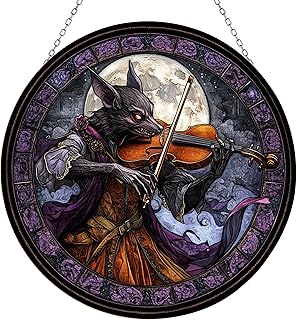 Gothic Nocturnal Violinist Bat Stained Glass Sun Catcher Mountain Stained Glass Window Hanging, Suncatchers Lavender Wall Decor, for Women/Friends/Lover
