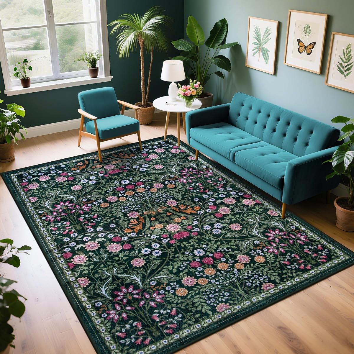 PLHXFR 6x9 Area Rug Living Room: Floral Washable Boho Carpet Dark Green | For Bedroom Dining Room Farmhouse Nursery Hallway,Vintage Floral,Machine washable,Non Slip,Stain Resistant,Large Indoor