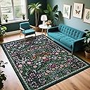 6x9 Area Rugs for Living Room: Floral Washable Rug Vintage Large Soft Boho Non-Slip Carpet Indoor Stain Resistant Thin Carpets for Bedroom Dining Room Farmhouse Nursery Hallway Home Office Dark Green