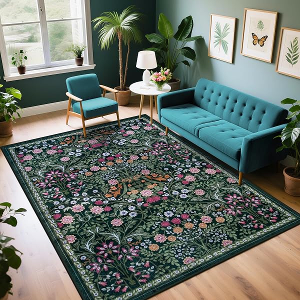 Vintage Botanical Rug in Dark Green