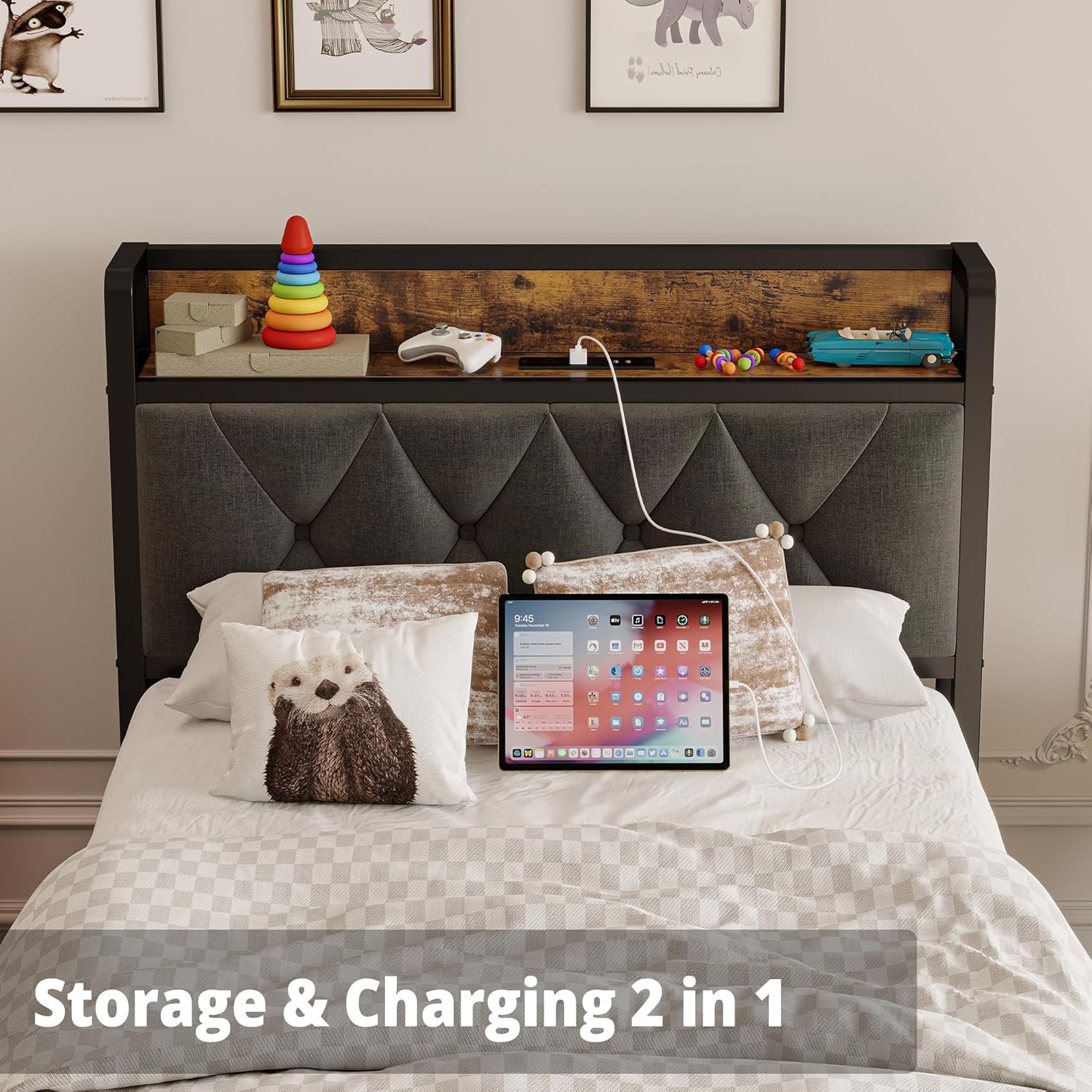 ANCTOR Twin Bed Frame, Upholstered Tufted Headboard, Storage Shelves & Charging Station, No Box Springs Needed, Sturdy, Noise-Free, Modern Vintage Style